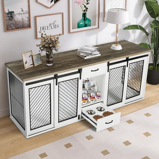 Extra Large Dog Crate Furniture, 85" Sliding Door Double Kennel for 2 Large Dogs Divided, Heavy Duty Wooden Dog Crate Kennel Furniture with 4 Dog Bowls and Drawer Indoor, White-PurrikoPets