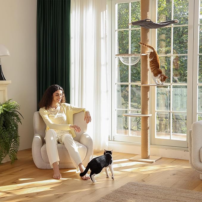 FUKUMARU Floor to Ceiling Cat Tree, 6 Level Adjustable Height (5.7-9.8 ft) Climbing Tower with Thickened Scratching Posts, Cats Activity Center with Transparent Capsule and Cozy Hammock-PurrikoPets