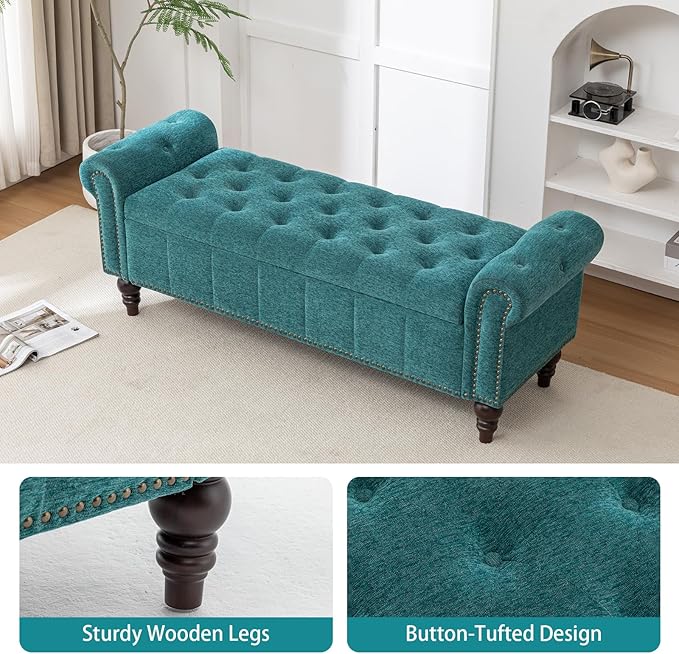 58’’ Storage Bench for Bedroom, Upholstered Button-Tufted Ottoman with Solid Wood Legs, Queen Size End of Bed Shoe Cabinet, Window Seat Foot Rest Stool for Entryway, Living Room (Teal)-PurrikoPets