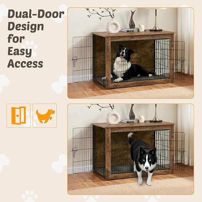 Dog Kennel Furniture, Wooden Dog Crate End Table, Heavy Duty Dog Crate, Decorative Pet Crate Dog Cage for Large Indoor Use (Rustic Brown) 39" L×26" W×27" H-PurrikoPets