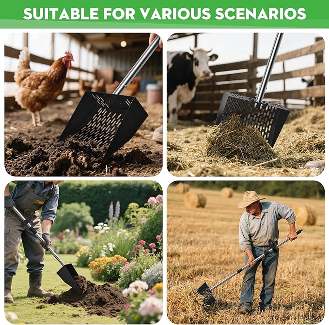 2-in-1 Chicken Poop Scooper & Rake - Adjustable Chicken Coop Scoop with Handle（39、53、67 in），Stainless Steel Shovel Head- Litter Scooper Sand & Sifting Shovel for Chicken Coops-PurrikoPets