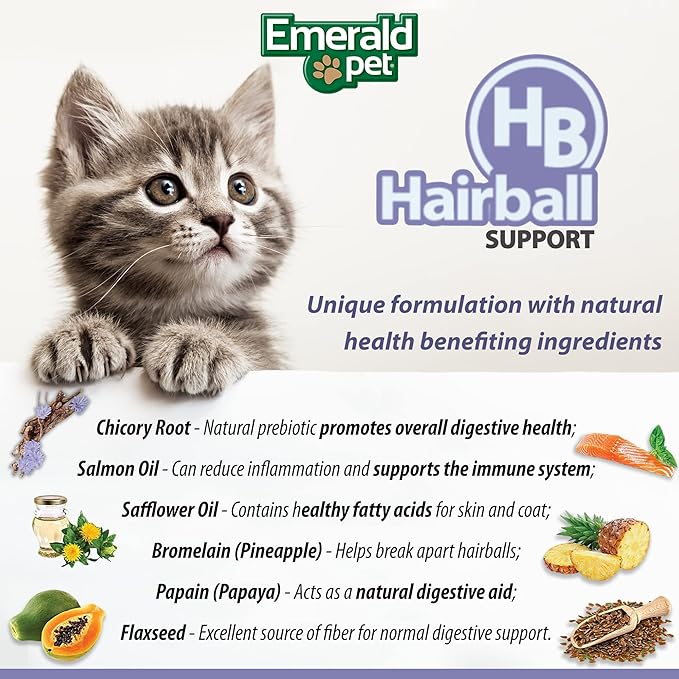 Emerald Pet Feline Health Chews Hairball Support — Natural Grain Free Feline Hairball Control Chews — Hairball Control Cat Supplements for Hairball Prevention and Elimination — Made in USA, 2.5 oz-PurrikoPets