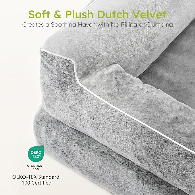 Extra Large Dog Bed, Orthopedic Dog Bed with Cooling Gel Memory Foam, Waterproof XL Pet Bed with Removable Washable Cover, 42" Pet Sofa Couch Dutch Velvet with Bone Toy, Light Gray-PurrikoPets