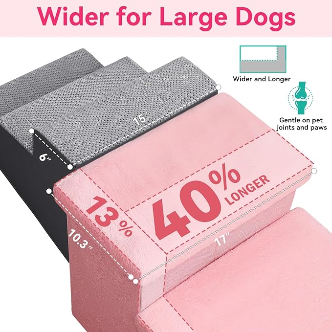 Dog Stairs with Furry Lids 18" H, 3-Step Wider Dog Steps with Storage for Small/Medium/Large Dogs Cats, Folding Sturdy Pet Stairs Climbing Bed or Sofa, Ramp for Car Hold Up to 200 lbs, Pink-PurrikoPets