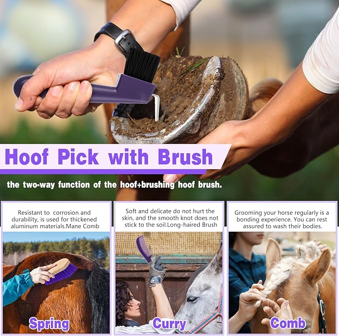 Abbylike 12 Pieces Horse Grooming Kit Racing Festival Tack Room Supplies Horse Brush Sets Equine Care Cleaning Kit Shedding Grooming Massaging Tools(Gray and Purple)-PurrikoPets