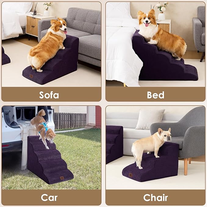 EHEYCIGA Curved Dog Stairs Ramp for High Beds 22.6" H, 5-Step Dog Steps for Small Dogs and Cats, Pet Stairs for High Bed Climbing, Non-Slip Balanced Pet Step Indoor, Purple-PurrikoPets