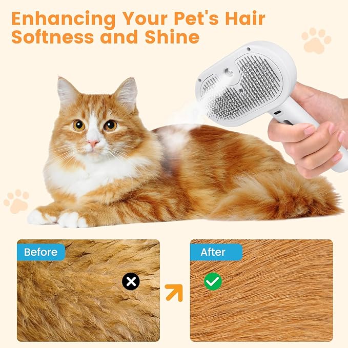 3 in 1 Cat Steam Brush, Pet Steam Brush for Cat Dog Long Short Haired, Pet Spray Hair Removal Comb for Small Animals Shedding & Grooming, Water Mist Spray Brushes with Release Button(White)-PurrikoPets