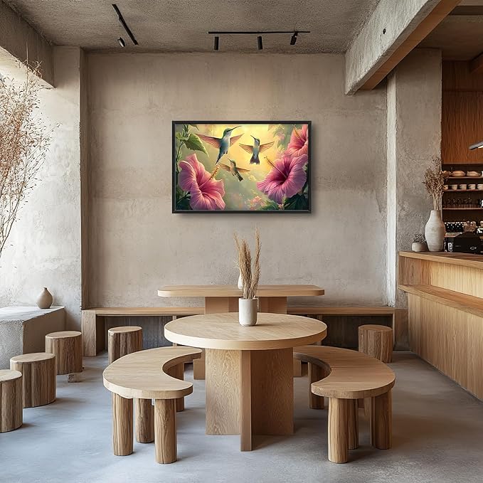 Framed Large Hummingbird Wall Art for Living Room, Oversized Rustic Bird Flower Wall Decor Floral Canvas Painting Nature Sunrise Pictures Modern Artwork for Bedroom Office Dinging Room 36"x24"-PurrikoPets