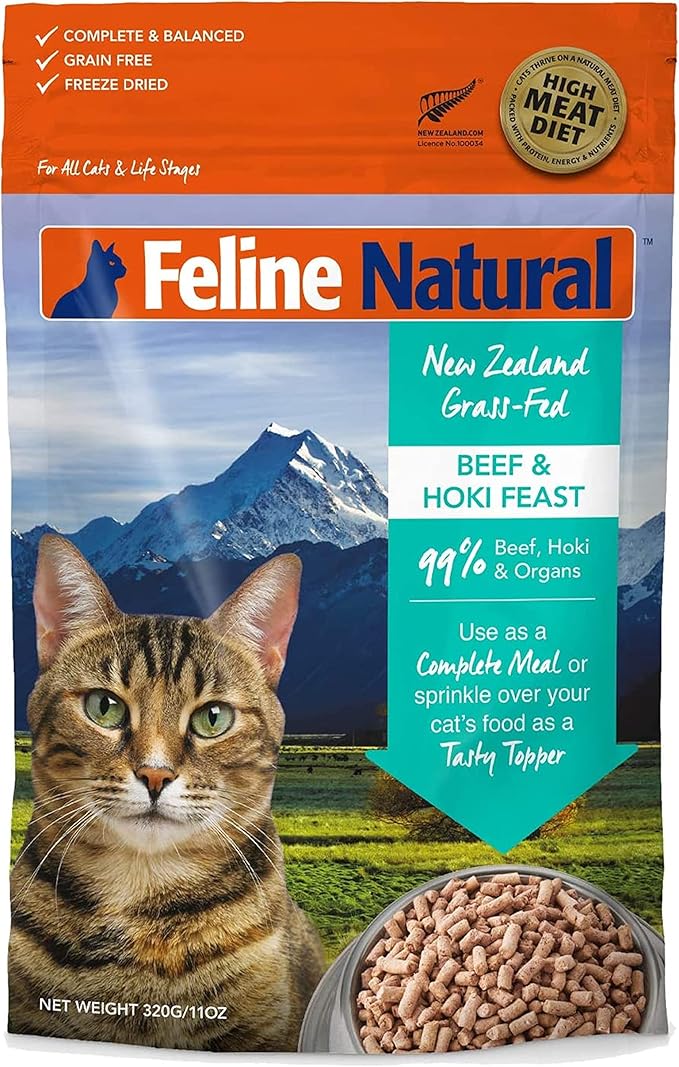 Feline Natural High Protein Dry Cat Food, Freeze-Dried Diet with 98% Meat, Organs & Seafood, No Peas, Grains, or Artificial Additives, Made in New Zealand, Beef & Hoki, 11oz-PurrikoPets