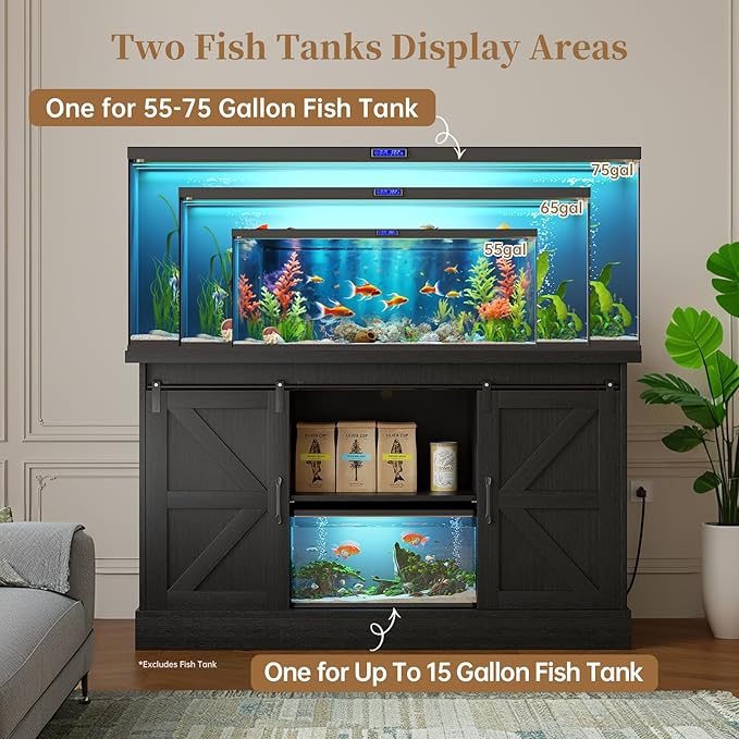 55-75 Gallon Fish Tank Stand with Sliding Barn Doors & Power Outlet, Heavy Duty Aquarium Stand with Cabinet Storage for Fish Tank, Turtle Tank, Reptile Terrarium, 1000LBS Capacity, Black-PurrikoPets