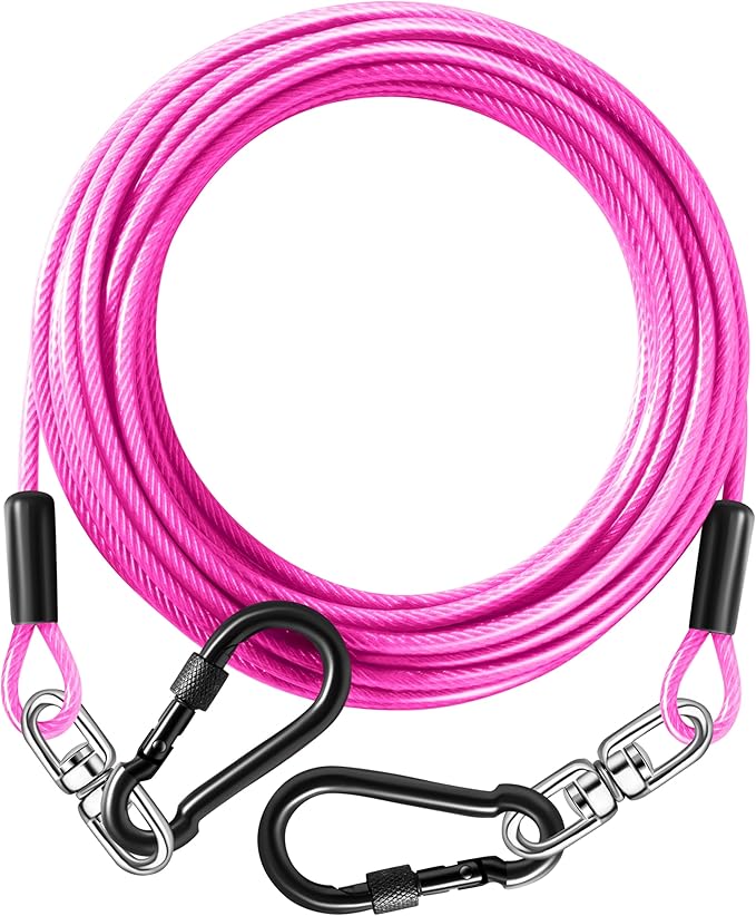 Dog Tie Out Cable 15FT-500Lbs,Heavy Duty Dog Leads&Tether for Yard with Swivel Hook,Small Large Dogs Leash Line for Outside,Rust Chew Proof Dogs Run Cable for Outdoor Camping (Pink, 15FT)-PurrikoPets