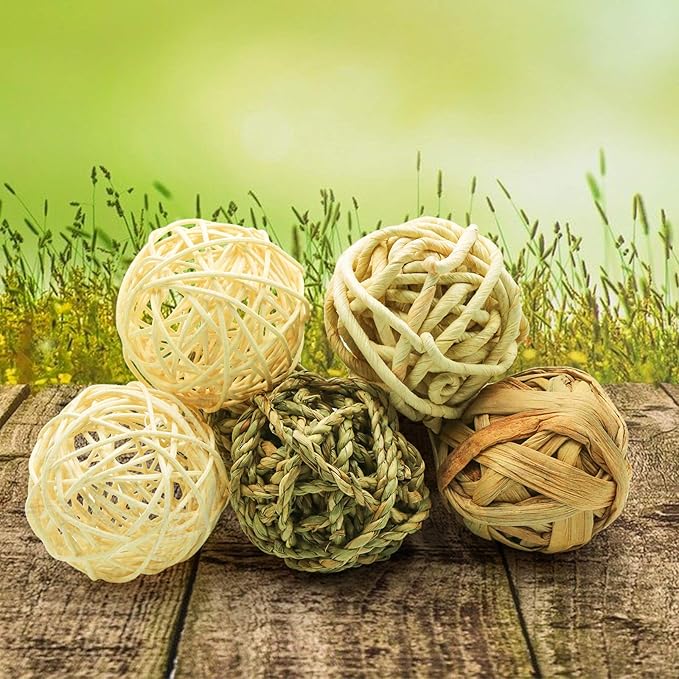 8 Pcs Small Animals Play Balls Rolling Activity Chew Toys Gnawing Treats for Rabbits Guinea Pigs Chinchilla Bunny Natural Balls, Pet Cage Entertainment Accessories (8Pcs)-PurrikoPets