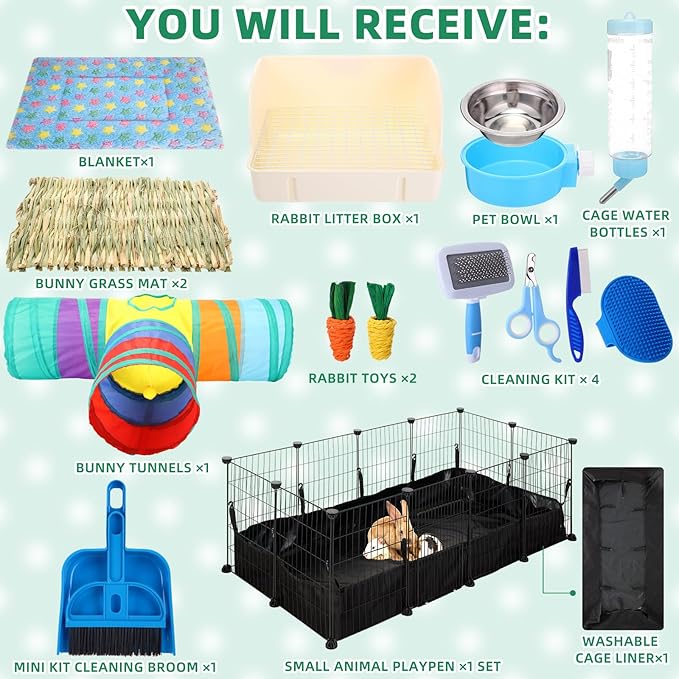 104 Pcs Rabbit Starter Kit Litter Box Bunny Tunnel Pet Playpen with Waterproof Mat Water Bottle Animal Grooming Kit Bowl Blankets with Cleaning Set for Guinea Pig Rabbit Accessories-PurrikoPets