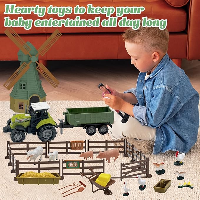 82PCS Farm Animals Toys Set Comes with Tractor Trailer, Windmill, Farmer, Fence - Playset for Kids Toddlers Boys Girls 5+ Years Old-PurrikoPets