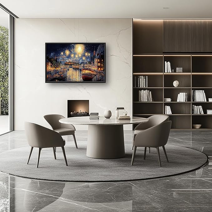 Framed Large Firework Night Sky Wall Art, Oversized European City Landscape Wall Decor for Living Room, River Boats Canvas Pictures Home Decoration for Living Room Bedroom Office 36"x24"-PurrikoPets