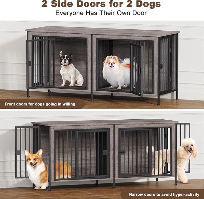 EasyCom 63" Dog Cage Furniture for 2 Pets with Divider, XL Wooden Double Dog Crate Furniture TV Stand for Mideum Breed, Durable and Sturdy-PurrikoPets