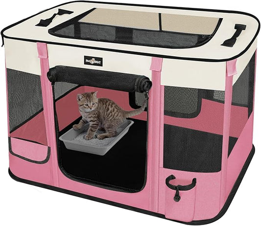 Foldable Pet Kitten Playpen, Upgrade Waterproof Portable Cat Dog Playpen Kennel Tent for Dog Cat, Removable Shade Cover with Free Carrying Case, Indoor Outdoor Use for Small Pet, Pink-PurrikoPets