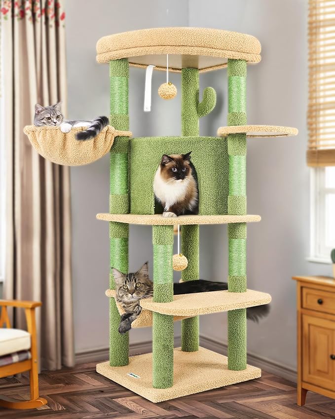 Globlazer Cactus Corner Cat Tree Tower with Scratching Post for Indoor Cats, 51in Multi-Level Cat Condo Tower with Large Hammock, Fan-Shaped Padded Perch, Spacious Cat Cave, Hanging Basket, C51, Green-PurrikoPets