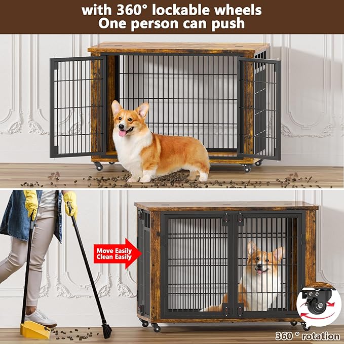 EasyCom 90% Pre-Assembled 33" Small and Meidum Dog Kennel Indoor Furniture, Wooden Dog Crate Furniture with Top-Access Teasing/Feeding Doors, for Medium and Small Breed, with Wheels Moveable-PurrikoPets