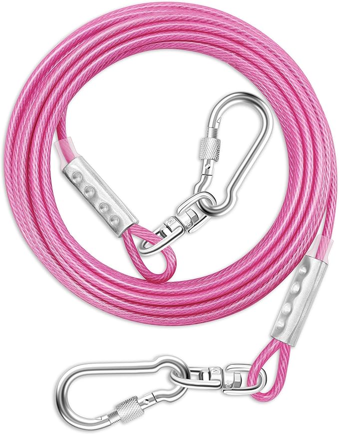Dog Tie Out Cable for Outside,20FT Long Dog Leash&Chains with Swivel Hook,Small-Large Dogs Runner Cable for Yard,Heavy Duty Dogs Lead Line for Outdoor and Camping (500lbs 20FT, Pink)-PurrikoPets