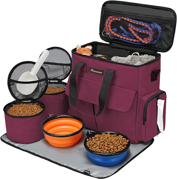 Airline Approved Pet Travel Bag, Weekend Travel Set for Dog and Cat, Airline Approved Tote Organizer with Multi-Function Pockets, 2 Dog Food Storage Containers, 2 Collapsible Bowls (Rose Red)-PurrikoPets