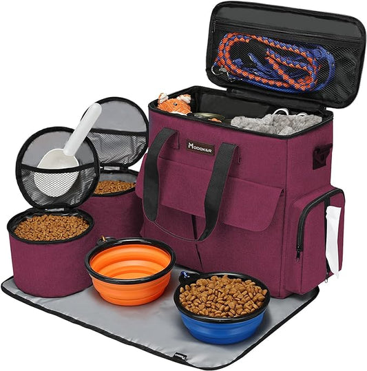 Airline Approved Pet Travel Bag, Weekend Travel Set for Dog and Cat, Airline Approved Tote Organizer with Multi-Function Pockets, 2 Dog Food Storage Containers, 2 Collapsible Bowls (Rose Red)-PurrikoPets