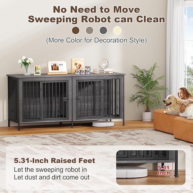 EasyCom 78 Inch Dog Cage Furniture for 2 Pets with Divider, XXL Wooden Double Dog Crate Furniture TV Stand for Mideum and Large Breed, Durable and Sturdy-PurrikoPets