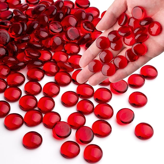 1LB Red Glass Marbles, Transparent and Smooth Flat Glass Beads for Vases, Mosaic Gem Pebbles for Aquarium Decor, Floral Arrangements, Mancala Stones, Vase Filler and Crafts (Approx. 80-100 PCS)-PurrikoPets