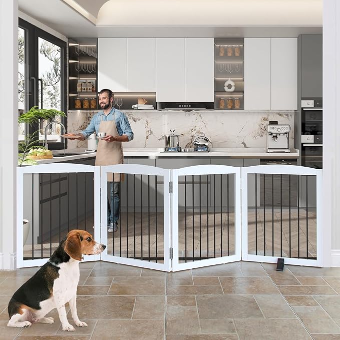 Freestanding Panel Dog Gate for Indoor, Doorways, Stairs, or Hallways - Foldable Wooden Pet Fence With Support Feet - 24" Height, 4 Panels, White-PurrikoPets