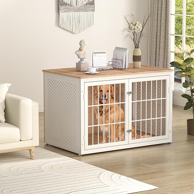 48" Heavy Duty Dog Crate Furniture for Large Dogs, Metal Kennel for High Anxiety Dogs, White Wooden Cage Furniture Indoor, Decorative Dog Kennel End Table, XL-PurrikoPets