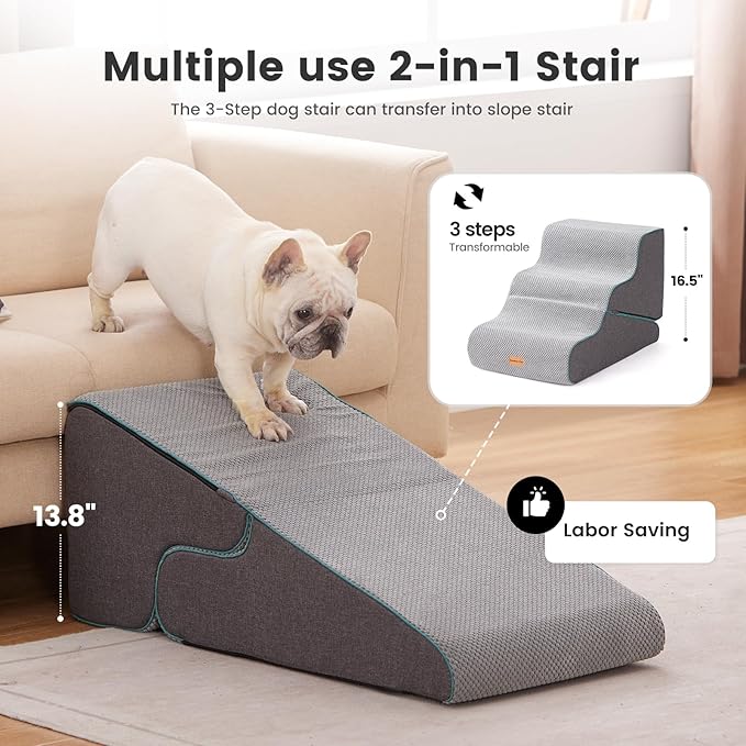 Gardner Pet Dog Stairs for Small Dogs 16.5" H, 2 in 1 Transformable 3-Step Pet Stairs and ramp, Dog Steps for Couch (13-20 in) with Durable Non-Slip Waterproof Cover and CertiPUR-US Certified Foam-PurrikoPets