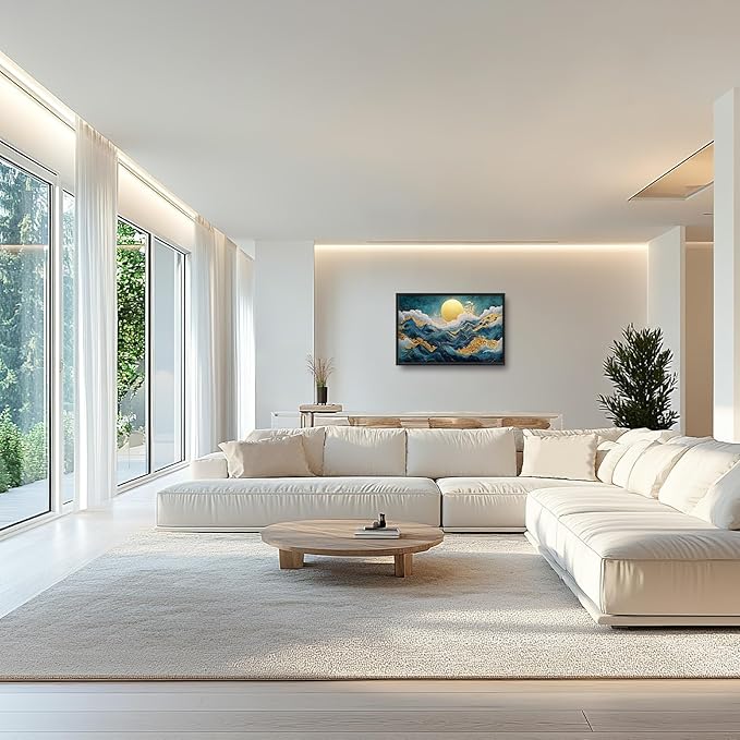 Framed Large Sun Mountain Wall Art, Oversized Teal and Golden Sun Wall Decor for Living Room, Abstract Landscape Canvas Painting Modern Artwork Home Decoration for Living Room Bedroom 36"x24"-PurrikoPets