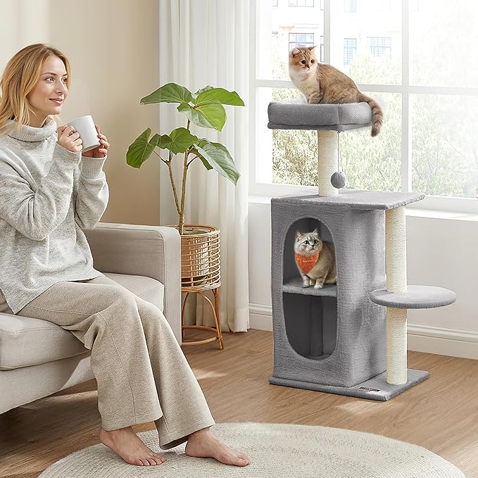 Feandrea Cat Tree Tower with 2 Caves for Multi-Cat Households, Kittens, Scratching Posts, Light Gray UPCT005G01-PurrikoPets