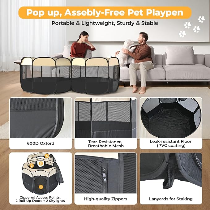 EighteenTek 2-in-1 Pop Up Cat Playpen XLarge, Dog Puppy Pet Playpen, Indoor Outdoor Cats Enclosed, Cat Tent House Crate Cage, Portable & Foldable Playpen for Kittens(No Divider, Unified Space)-PurrikoPets