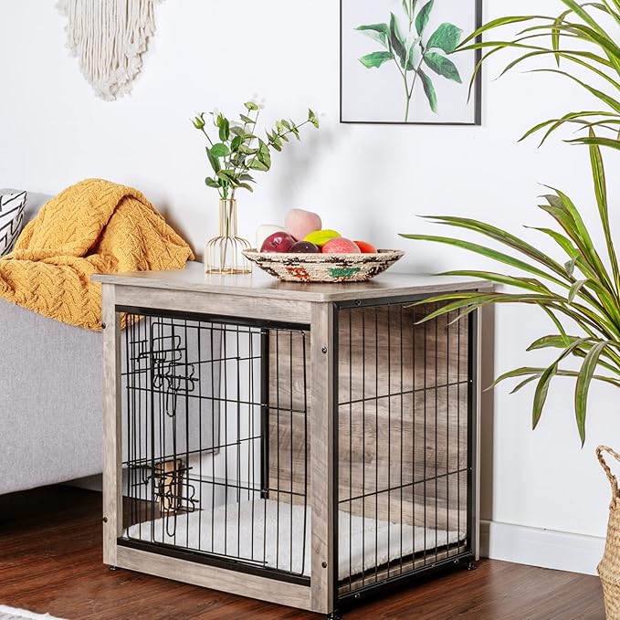 DWANTON Dog Crate Furniture with Cushion, Wooden Kennel Table with Double Doors, Indoor Dog House, Small/Medium/Large/Extra Large Size, 27.2" L, Greige-PurrikoPets