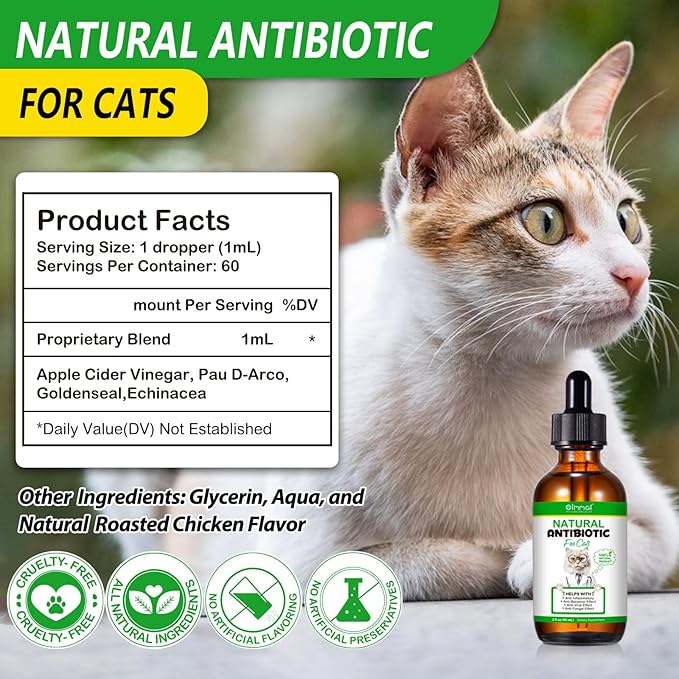 2PACK Antibiotics for Cats, Cats Antibiotics for Injections, Natural antibiotic for Cat Immune & Allergy Relief, Cough Relief, Yeast Injection, UTI Treatments, Cat Antibiotic Supplement Drops, 2*60ML-PurrikoPets