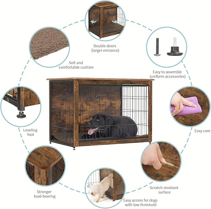DWANTON Dog Crate Furniture with Cushion, Wooden Kennel Table with Double Doors, Indoor Dog House, Large Size, 38.5" L, Rustic Brown-PurrikoPets