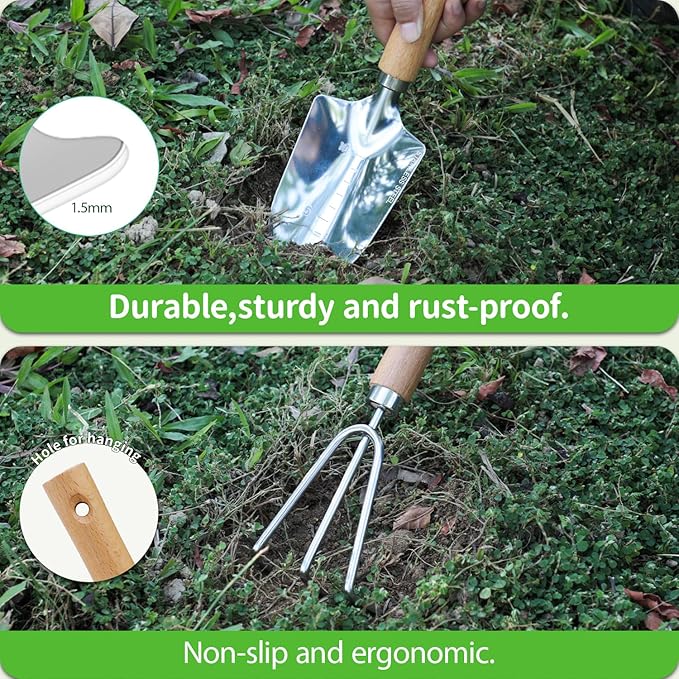 Garden Tool Set, 2 Pieces Stainless Steel Heavy Duty Garden Tools, Gardening Kit with Wooden Handle Garden Hand Tools, Durable Garden Tools for Gardening, Gardening Gifts for Women Men-PurrikoPets