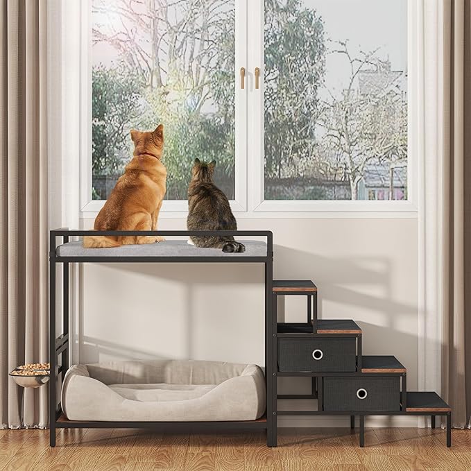 Dog Window Perch with 360° & Adjustable Raised Feeder, Pet Bunk Bed with Removable Stair and 2 Drawers, Elevated Platform Bed, Pet Elevated Seat with Cushion, Paw-Friendly Ladder-PurrikoPets