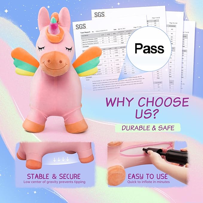 EVERICH TOY Bouncy Horse Unicorn Toys, Inflatable Bouncing Animal Hopping Toys, Outdoor Indoor Ride on Bouncer, Boys Girls Birthday Gift for 18 Month 2 3 4 5 6 Year Old Kid- Plush Unicorn Toy-PurrikoPets