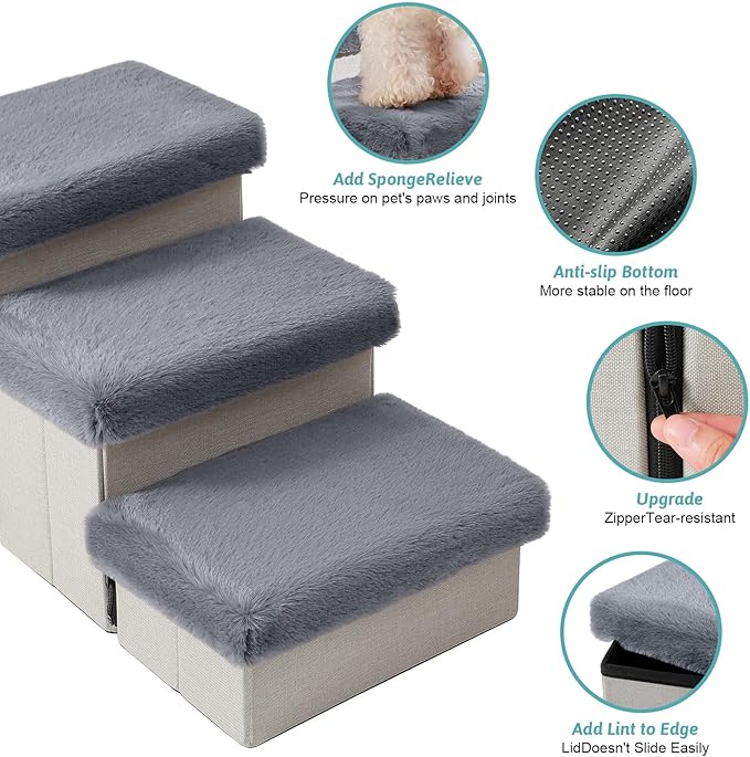Dog Stairs for Small Dogs with Storage and Condo, 14" H Foldable Pet Stairs for Small Medium or Puppy Dogs and Older Cats, Dog Steps for Bed or Couch, 13x27x14 inch, 3 Tiers, Grey-PurrikoPets