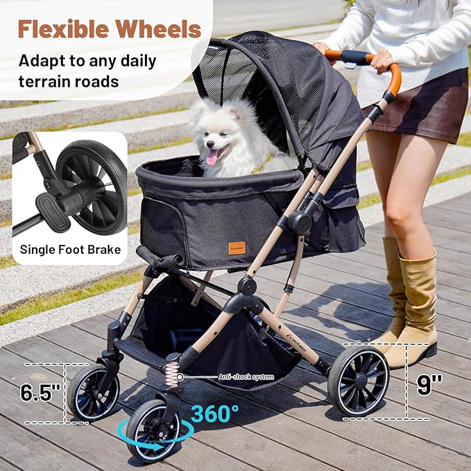 EchoSmile Small Medium Dogs Stroller 4-Wheel Pet Strollers for Medium Dogs Up to 50lbs, One Click Folding Large Cat Stroller, Reversible Handle, Shock Absorbing Wheels, Removable Washable Pad-PurrikoPets