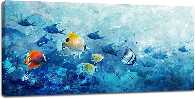 Extra Large Wall Art Tropical Fish Canvas Living Room Pictures Framed Prints Ocean Blue Oversize Wall Decor Animal Painting Artwork for Bedroom Dining Office Home 60"x30"-PurrikoPets