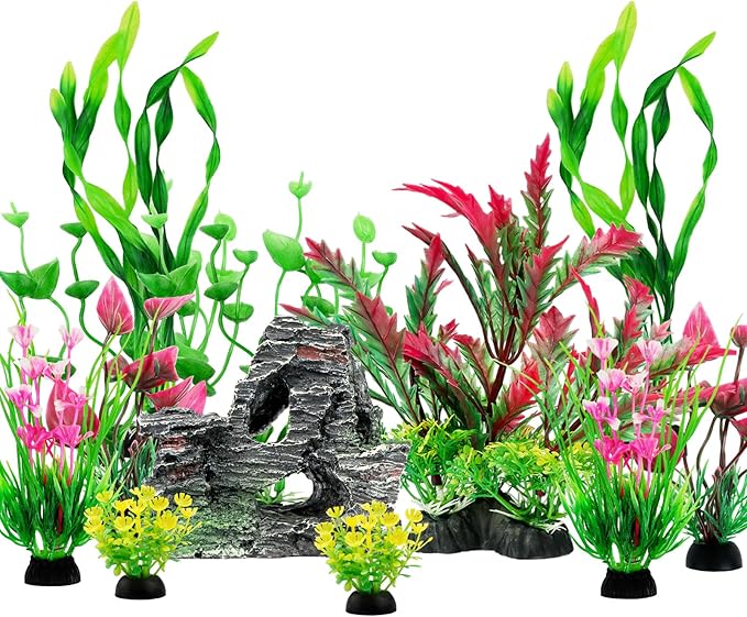 Fish Tank Accessories Aquarium Plants, 12pcs Colorful Fish Tank Artificial Plants and Cave Rock Decor Set, Aquarium Decorations Plants-PurrikoPets