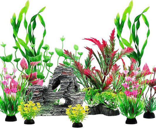 Fish Tank Accessories Aquarium Plants, 12pcs Colorful Fish Tank Artificial Plants and Cave Rock Decor Set, Aquarium Decorations Plants-PurrikoPets