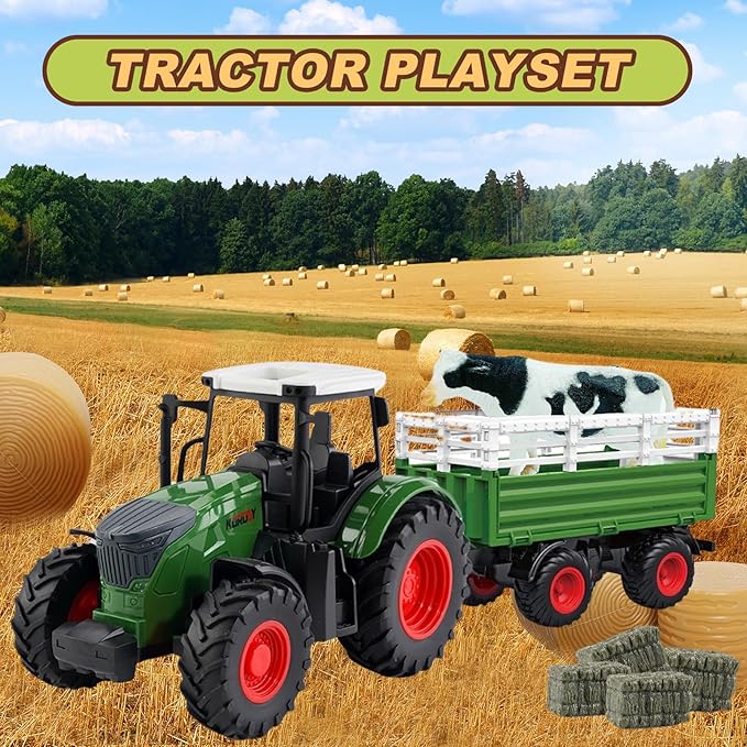 Farm Toys Tractor with Trailer-16.5 Inches Tractor Playset 1/24 Scale Gripper Frontloader Spreader for Boys Kids Toddlers Age 3-7 Years Old-PurrikoPets