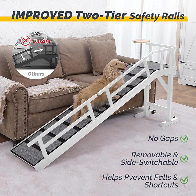 Dog Ramp for Bed or Couch, Wooden Pet Ramp with 20° Gentle Slope, Removable Side Rails, Non-Slip Surface, Top Platform & Wheels, Safe Bed Ramp for Small, Medium & Senior Dogs, 74" Long, White-PurrikoPets