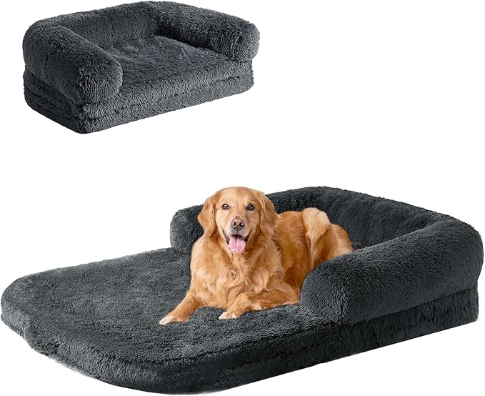 EHEYCIGA Human Dog Bed for Kids, Foldable XXL Dog Bed, Faux Fur Fluffy Pet Couch Bed, Orthopedic Calming Memory Foam Big Pet Bed, Washable Pet Sofa Bed with Non-Slip Bottom, Dark Grey, 54"x38"x7.5"-PurrikoPets