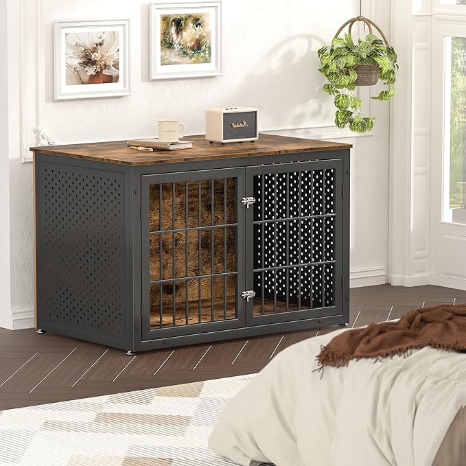 48" Rustic Heavy Duty Dog Crate Furniture for Extra Large Dogs, Metal Kennel for High Anxiety Dogs, Wooden Cage Furniture Indoor, Decorative Dog Kennel End Table, XL-PurrikoPets