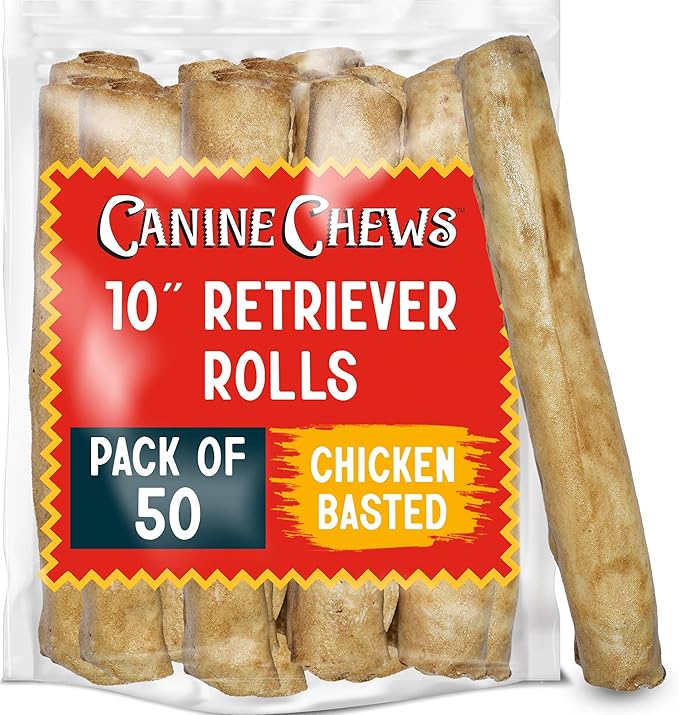 Canine Chews 10" Chicken Basted Dog Rawhide Retriever Rolls (50 Pack) - Natural Beef Dog Rawhide Chews - Healthy Dental Chews-PurrikoPets